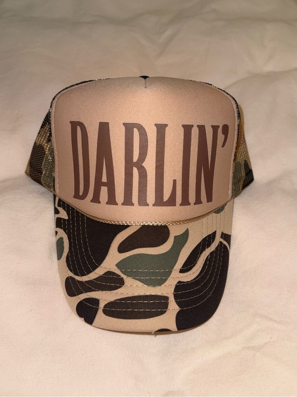 “Darlin’” Beige and Green Camo Trucker Hat